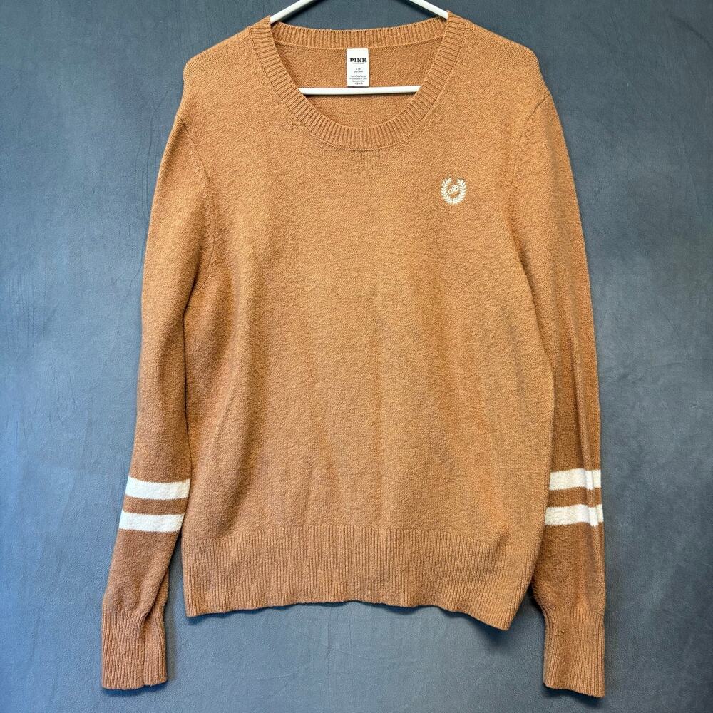 PINK Victoria’s Secret Varsity Sweater Large Brown Striped Sleeve Cozy